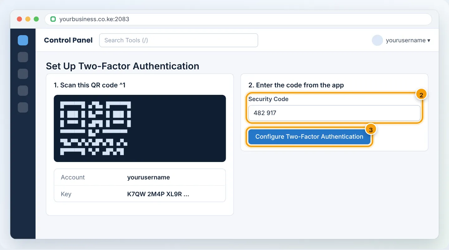 Scan the code with your app (1), type the 6-digit code it shows (2) and click Configure (3).