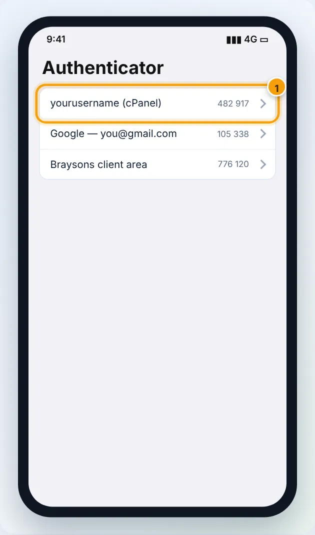 The authenticator app shows a fresh 6-digit code for your cPanel account every 30 seconds (1).