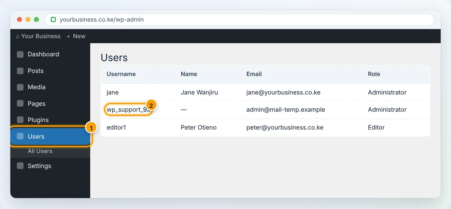 In WordPress → Users (1), look for administrators you do not recognise (2) and delete them.