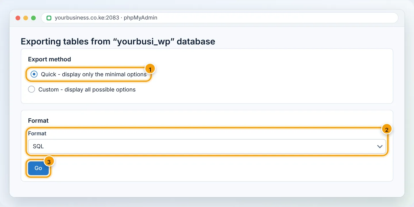 Choose Quick (1), keep SQL format (2) and click Go (3) to download the .sql file.