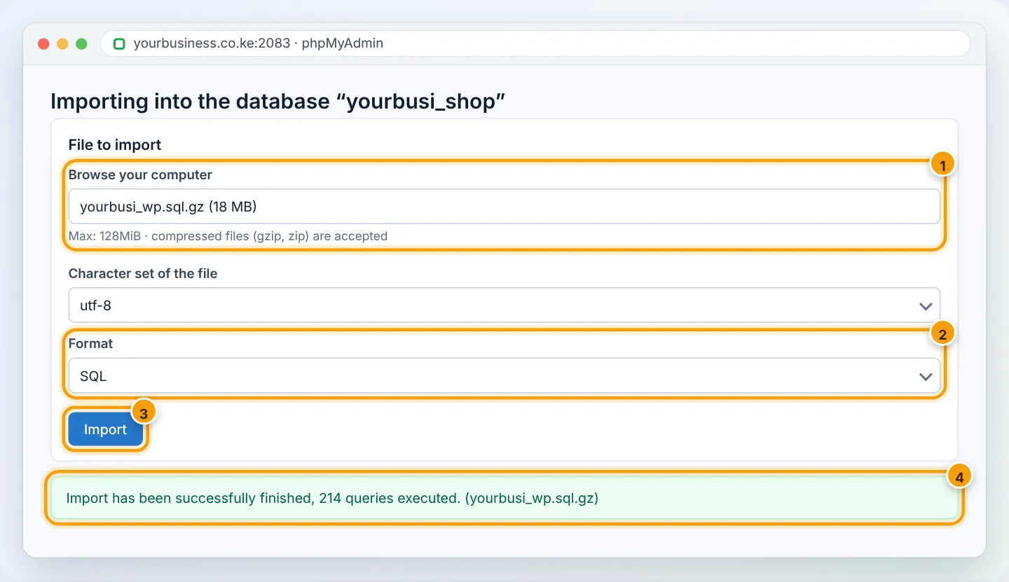 Choose the file (1), keep SQL format (2), click Import (3) and wait for the green success message (4).
