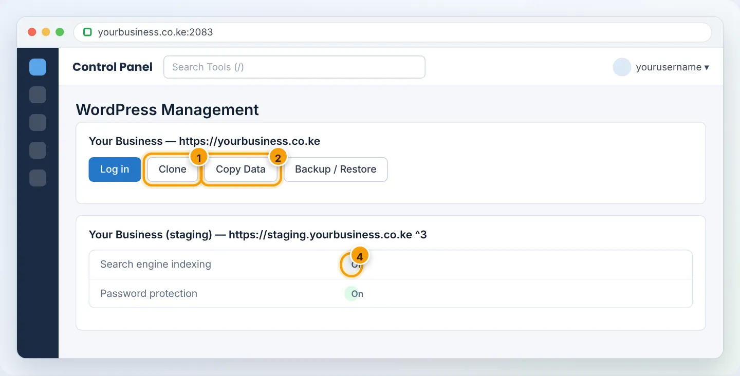 Use Clone (1) to create the staging copy (3); later, Copy Data (2) pushes changes live. Keep indexing off and password protection on (4).
