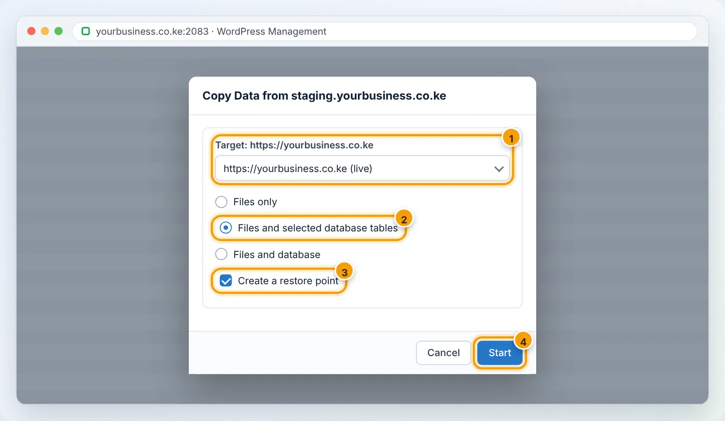 Choose the live site as target (1), copy only what you changed (2), keep a restore point (3) and Start (4).